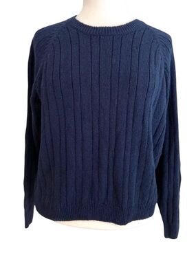 NWT Vintage Navy Blue silk blend Sweater Ribbed Knit  Crewneck Long Sleeve New